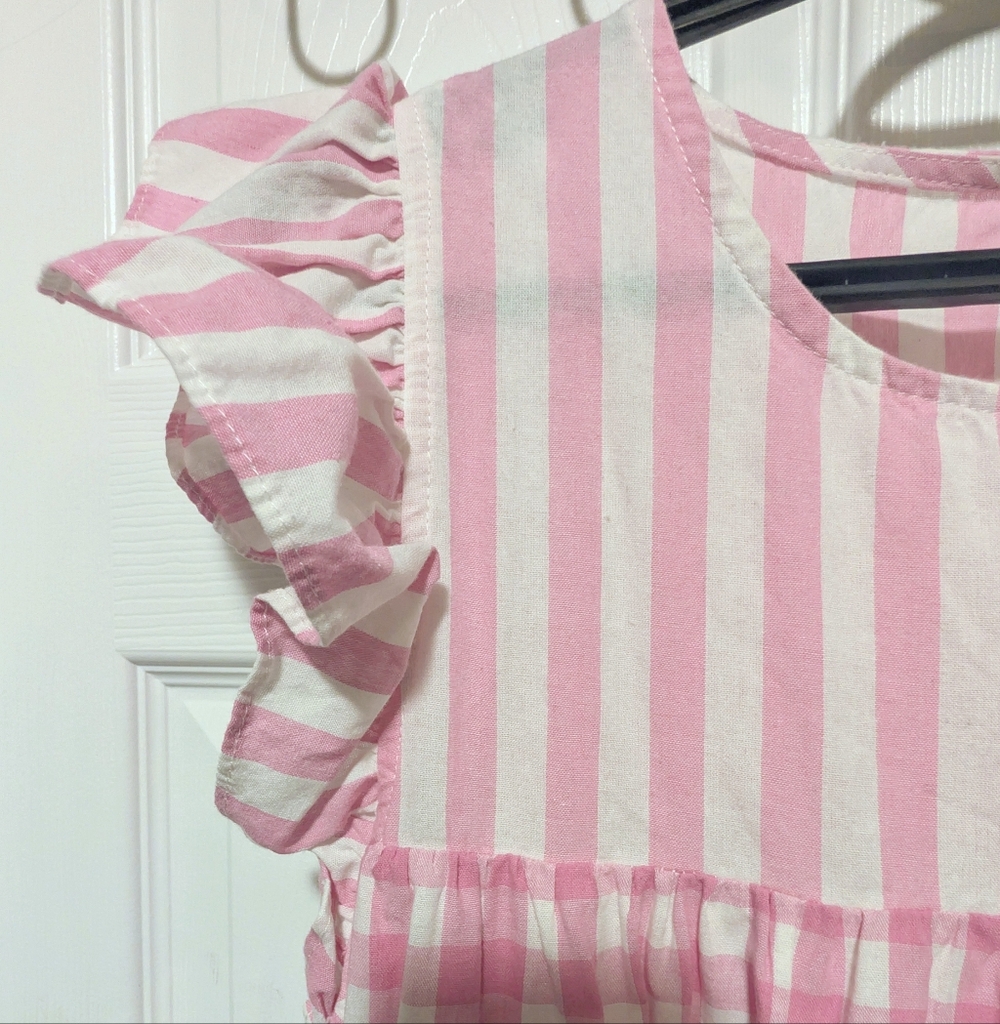 Entro Pink Mixed Stripe Gingham Tiered Flutter Sleeve Dress Small Romantic - Picture 5 of 10